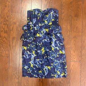 J. Crew strapless silk mini dress peplum waist grey yellow floral garden party